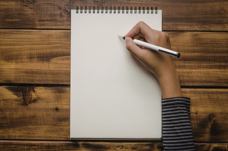 A hand holding a pen over a blank spiral-bound notebook on a wooden table.