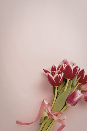 A bouquet of pink tulips tied with a pink ribbon on a pink backgroundの写真素材