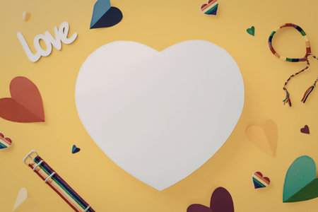 The image features a vibrant yellow background with a large white heart at its center, surrounded by smaller hearts and rainbow-colored objects.の写真素材