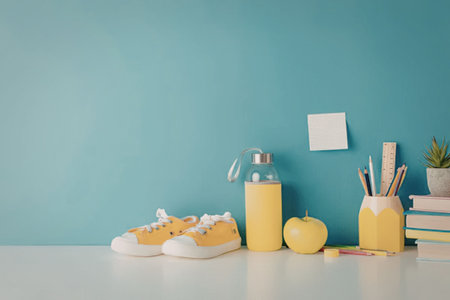 a desk with a water bottle and shoes on it