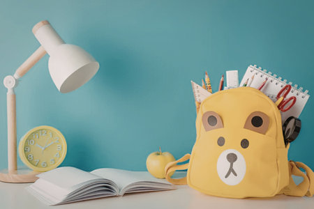 A yellow backpack with a cartoon dog face sits on a desk next to an open book, a green clock, and a...