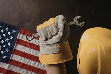 A gloved hand holding a wrench with an American flag and a hard hat