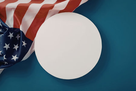 An American flag partially covering a white circle on a blue background
