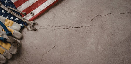 A portion of the American flag is visible alongside work gloves and a wrench on a cracked concrete...