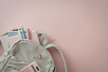 A green backpack with school supplies spilling out, set against a soft pink background.