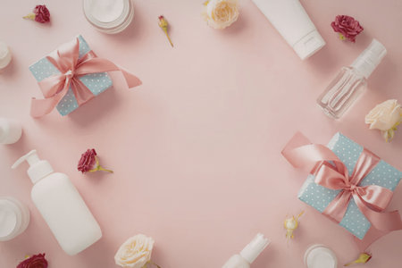 a collection of beauty products and gifts on a pink background with flowersの写真素材