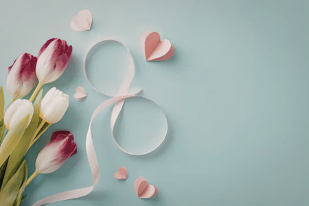 A bouquet of tulips with pink and white petals, a light pink ribbon, and scattered heart shaped petals on a light blue background.の写真素材