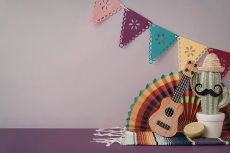 A cactus wearing a sombrero and mustache with colorful decorationsの写真素材