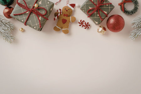 christmas decorations and gifts on a pink background with gingerbread man and ornaments