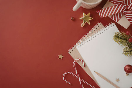 A festive Christmas background featuring a spiral notebook, pencil, candy canes, and holiday decorations on a red surface.の写真素材