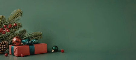 A red gift box with a green ribbon, a pine branch with red berries, and a few Christmas ornaments on...