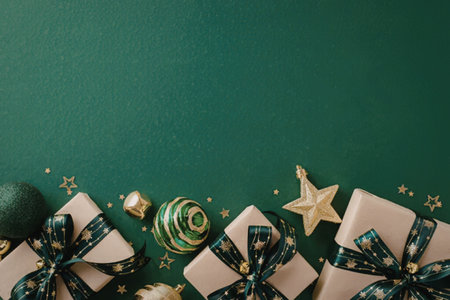 christmas gifts wrapped in brown paper with green ribbons and bows on a green background with gold...