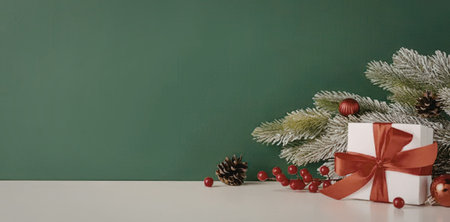 A white gift box with a red ribbon on a table with pine branches, pine cones, and red berries...