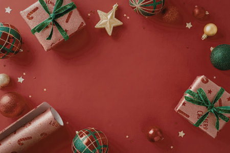 A festive arrangement of Christmas gifts, ornaments, and decorations on a red background, perfect...