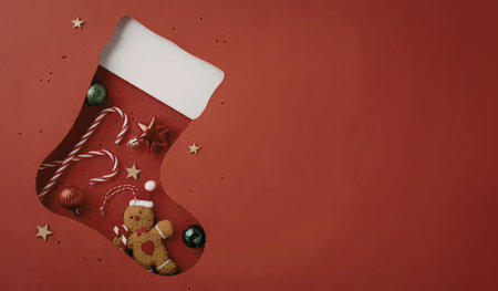 a red christmas stocking with white cuff and decorative ornaments on a red backgroundの写真素材