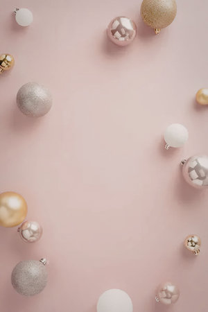A collection of shiny Christmas ornaments in various colors scattered on a pink backgroundの写真素材