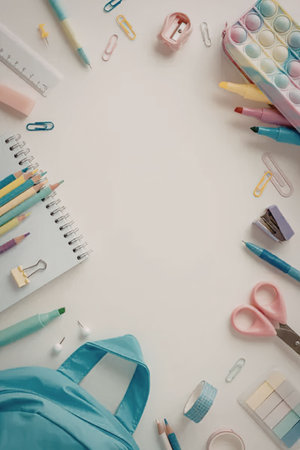 A collection of colorful school supplies, including pens, pencils, scissors, and notebooks, laid out on a white surface.の写真素材