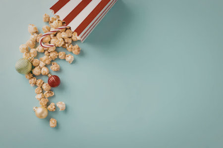 A red and white striped bucket with popcorn, candy and other treats spilling out onto a light blue...
