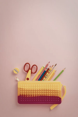 A vibrant pencil case filled with colorful school supplies on a pink background