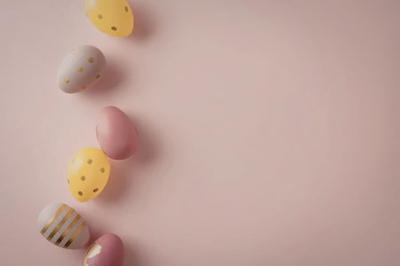 A collection of colorful Easter eggs on a pink background