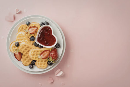 A plate of waffles with strawberries, blueberries, and a heart-shaped bowl of jam on a pink backgroundの写真素材