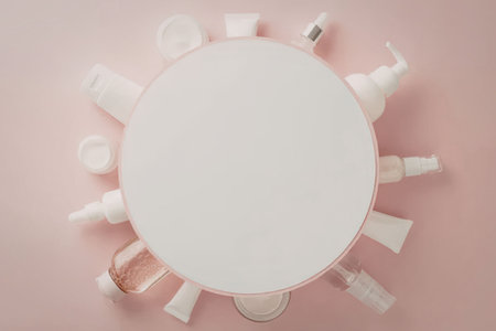 A collection of cosmetic products arranged around a white circle on a pink background