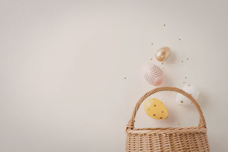 A wicker Easter basket filled with a yellow bunny and colorful eggs on a white background