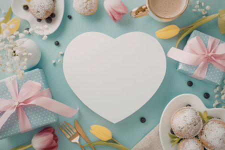 Easter themed table setting with heart shape card, gifts, flowers, and dessertsの写真素材