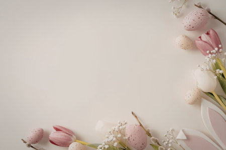 Easter decoration with pink tulips, eggs, and flowers on a white background