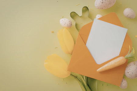 An orange envelope with a white card on top surrounded by yellow tulips, a carrot, and speckled eggs on a green background.の写真素材