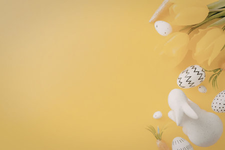 A bright and cheerful Easter-themed image featuring a white bunny, yellow tulips, and decorated eggs...
