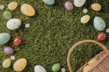A wicker Easter basket filled with colorful eggs on a grassy surface surrounded by more eggs and...