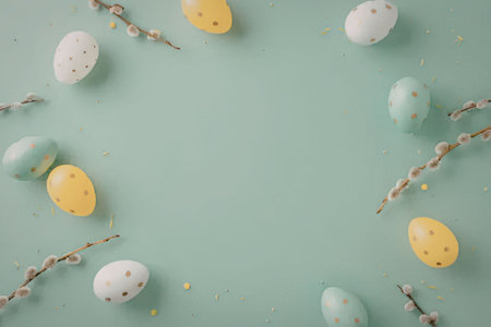 A colorful arrangement of Easter eggs and branches on a mint green background