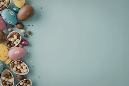 A colorful arrangement of Easter eggs and chocolate treats on a light blue background, with a...