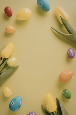 Colorful Easter eggs and tulips arranged