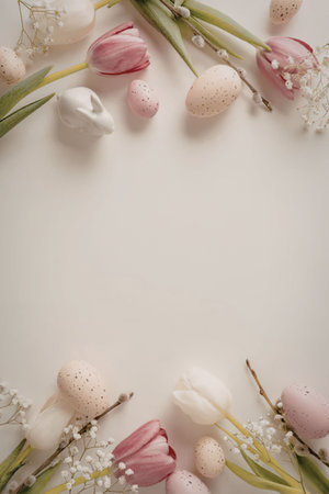 Easter themed decoration with pink, white and cream colored tulips and easter eggs on a white...