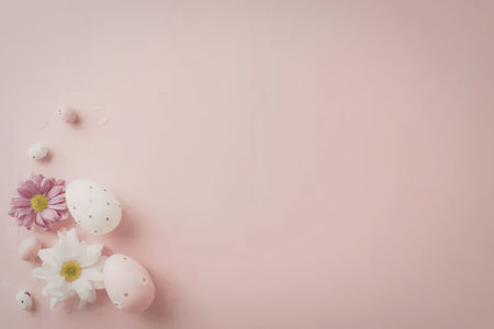 Easter eggs and flowers on a pink background, a festive and colorful arrangement for the Easter holiday.の写真素材