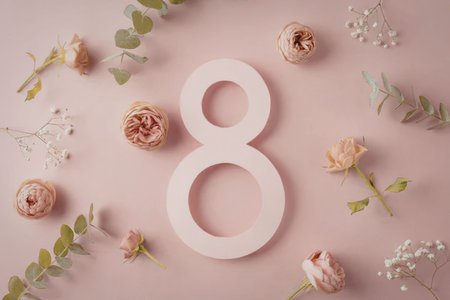 A large pink number eight is centered on a pink background, surrounded by small flowers and...