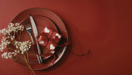 A beautifully arranged table setting featuring a red plate with a knife and fork, a small gift...