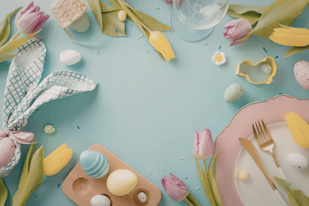 Easter themed table setting with pastel colored eggs, tulips, and cutlery on a light blue background