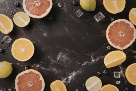 A vibrant arrangement of sliced citrus fruits including oranges, grapefruits, lemons, and limes,...