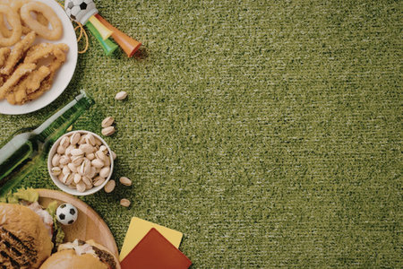 A football party spread featuring snacks and food on a green turf background