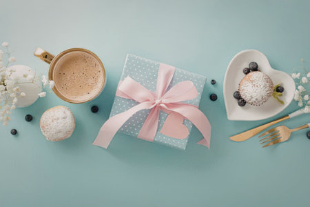 A beautifully presented gift box with a pink ribbon, accompanied by desserts and a cup of coffee on...