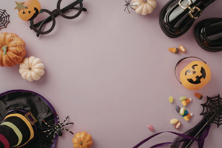 A festive arrangement of Halloween decorations and costume accessories, including pumpkins, candy,...