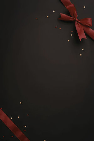 A red ribbon tied in a bow on a black background with gold specksの写真素材