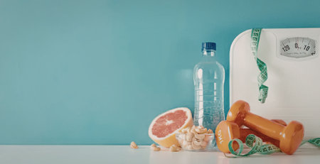 A still life composition featuring a scale, dumbbell, water bottle, grapefruit, and nuts against a...