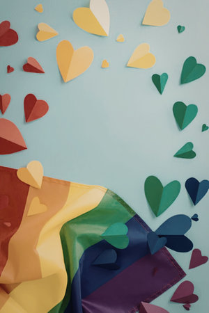 The image features a vibrant LGBTQ pride flag accompanied by a multitude of colorful paper hearts,...
