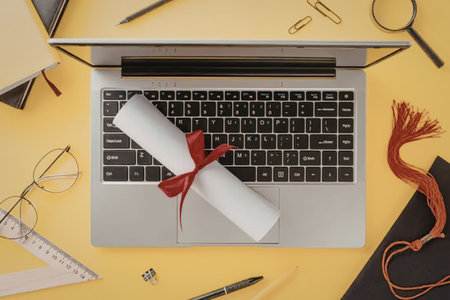 A laptop with a diploma tied with a red ribbon on its keyboard, surrounded by study materials such...