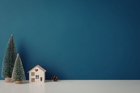 A small white house with two tiny Christmas trees and a pinecone on a white surface against a blue background.の写真素材