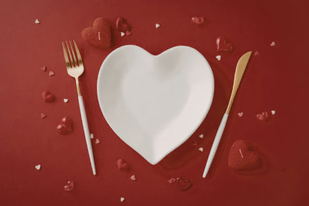 A heart shaped plate with a fork and knife on a red background with hearts